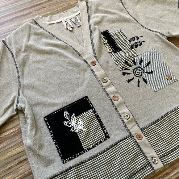 Gingham Patchwork Short Sleeve Button Front Shirt Beige Vintage K by Koret 90s - Picture 2 of 7